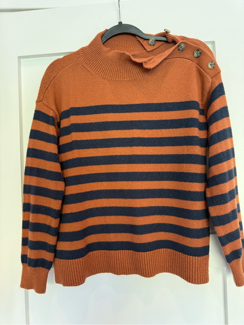 LOFT Rust and Navy Striped Button-Shoulder Turtleneck Sweater